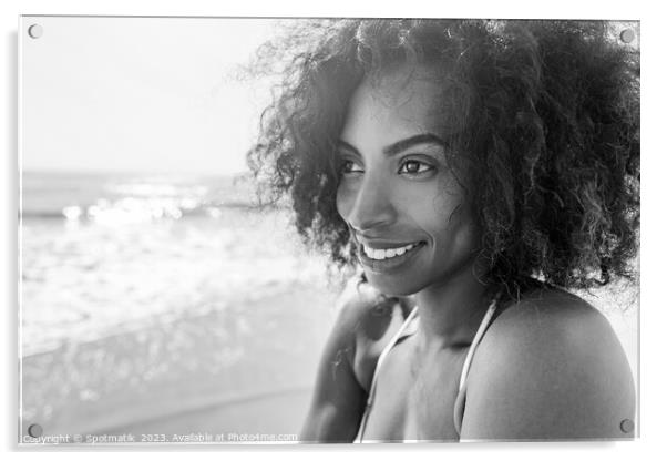 Smiling Afro American female enjoying Summer by Ocean Acrylic by Spotmatik 