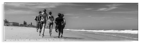 Panoramic view of friends jogging together on beach Acrylic by Spotmatik 