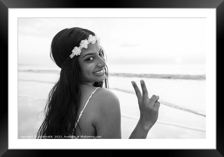 Happy Indian girl enjoying freedom outdoors on beach Framed Mounted Print by Spotmatik 