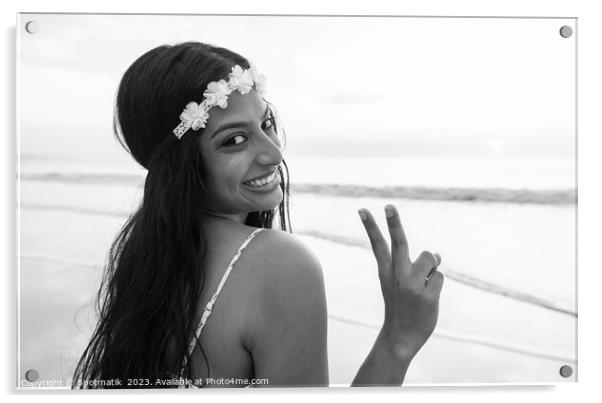 Happy Indian girl enjoying freedom outdoors on beach Acrylic by Spotmatik 
