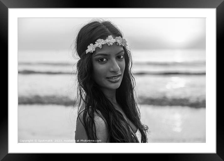 Young Indian woman by ocean on Summer vacation Framed Mounted Print by Spotmatik 