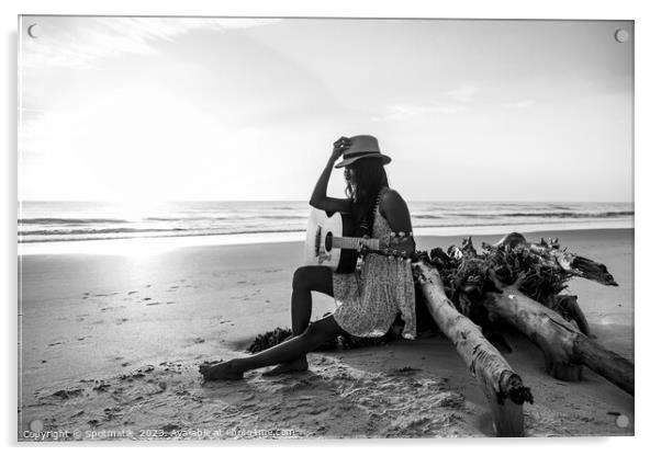 Indian female sitting on driftwood with ocean sunrise Acrylic by Spotmatik 
