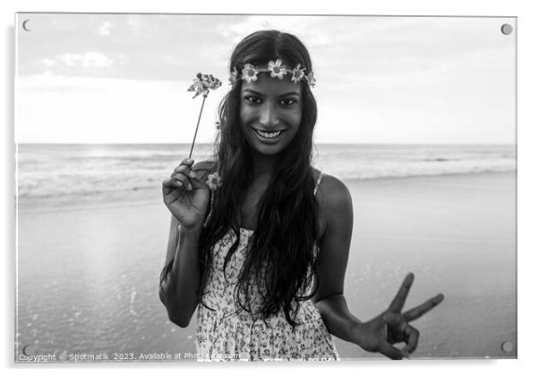 Freedom outdoors for smiling Indian girl by ocean Acrylic by Spotmatik 
