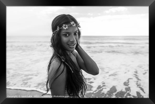 Indian woman by the ocean wearing flower headband Framed Print by Spotmatik 