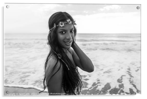 Indian woman by the ocean wearing flower headband Acrylic by Spotmatik 