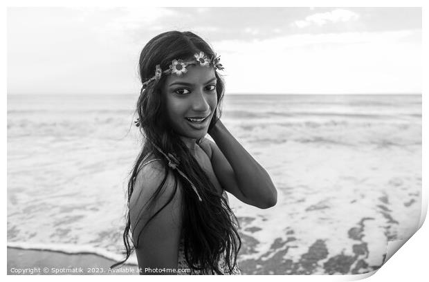 Indian woman by the ocean wearing flower headband Print by Spotmatik 