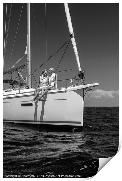 Loving retired couple relaxing together on luxury yacht Print by Spotmatik 