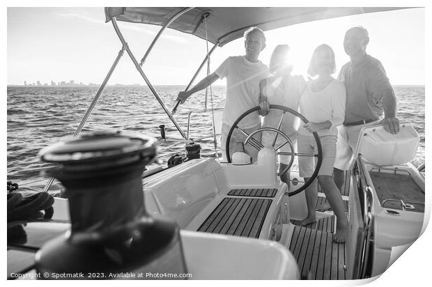 Senior friends enjoying retirement steering yacht at sunset Print by Spotmatik 