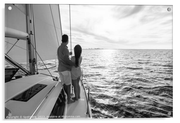 Hispanic couple travelling on luxury yacht at sunset Acrylic by Spotmatik 