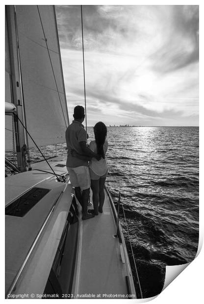 Sunrise view for Latin American couple on yacht Print by Spotmatik 
