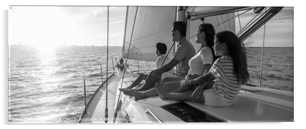 Panorama of Latin American family on sailing vacation at sunset Acrylic by Spotmatik 