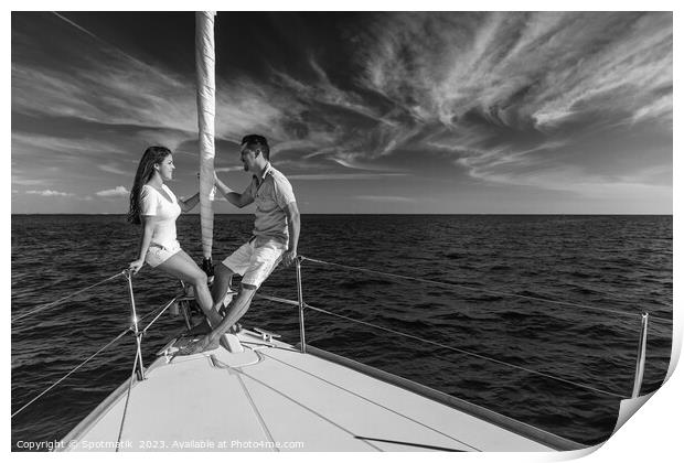 Hispanic couple enjoying luxury travel on private yacht Print by Spotmatik 