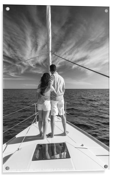 Loving young Latino couple standing on luxury yacht Acrylic by Spotmatik 