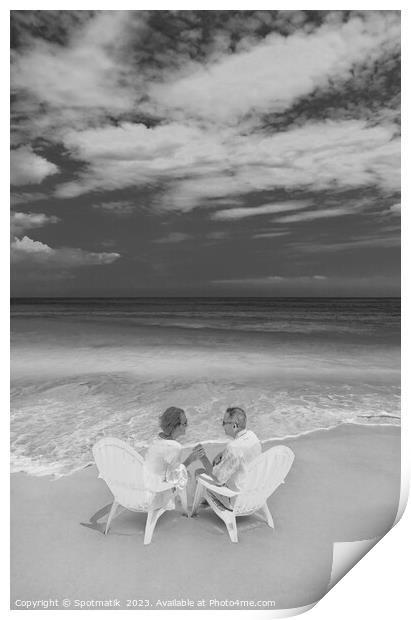 Mature couple on white chairs by ocean Bahamas Print by Spotmatik 