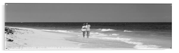 Panoramic view retired couple walking by turquoise ocean Acrylic by Spotmatik 
