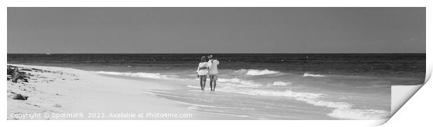 Panoramic view retired couple walking by turquoise ocean Print by Spotmatik 