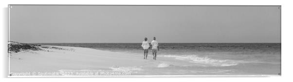 Panoramic view mature couple walking on beach Bahamas Acrylic by Spotmatik 