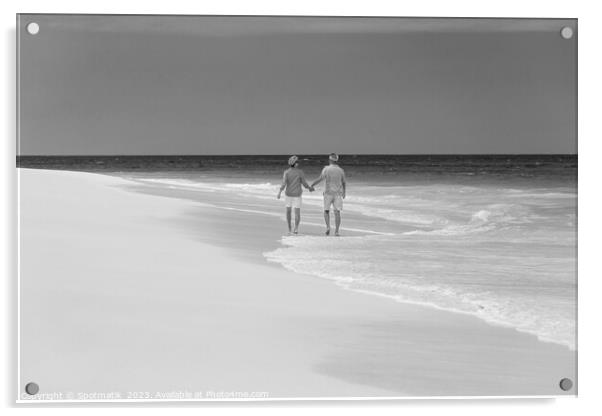 Mature couple paddling on tropical island shoreline Bahamas Acrylic by Spotmatik 
