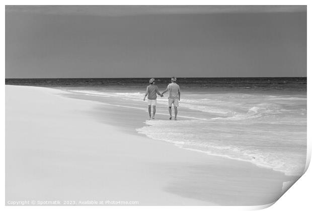 Mature couple paddling on tropical island shoreline Bahamas Print by Spotmatik 