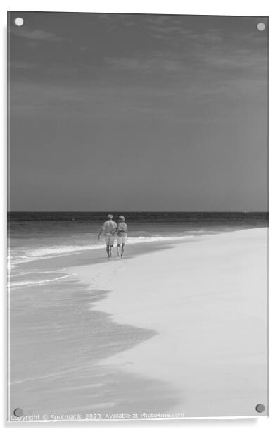 Tropical island shoreline with retired couple walking barefoot Acrylic by Spotmatik 