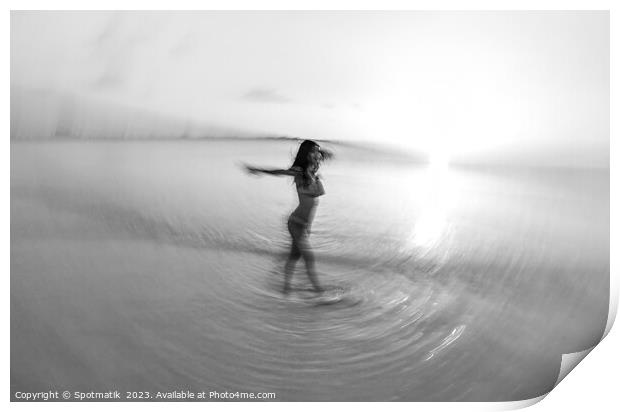 Motion blurred sunset ocean view with dancing female Print by Spotmatik 