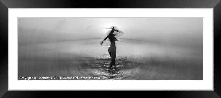 Panoramic ocean sunset with dancing girl motion blur Framed Mounted Print by Spotmatik 