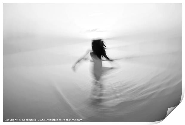 Motion blurred Asian girl dancing in ocean sunrise Print by Spotmatik 