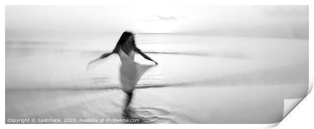 Panoramic motion blurred ocean sunset with dancing girl Print by Spotmatik 