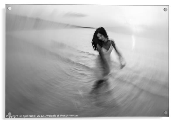 Motion blurred dancing Asian girl in ocean sunset Acrylic by Spotmatik 