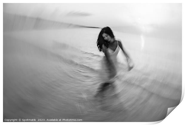 Motion blurred dancing Asian girl in ocean sunset Print by Spotmatik 