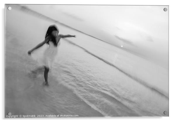 Motion blur carefree Asian female dancing on shoreline Acrylic by Spotmatik 