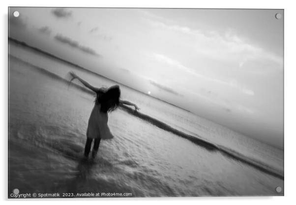 Motion blur girl standing in ocean at sunrise Acrylic by Spotmatik 