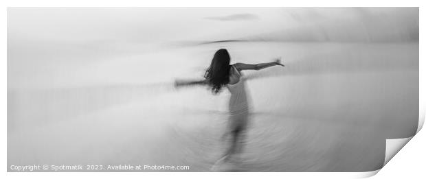 Motion blurred panoramic ocean sunset with dancing girl Print by Spotmatik 