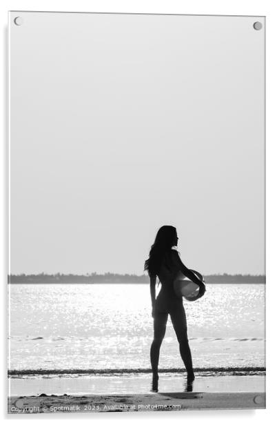 Tropical ocean sunrise with girl holding beach ball Acrylic by Spotmatik 