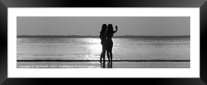 Panoramic tropical ocean sunrise with friends taking selfie Framed Mounted Print by Spotmatik 