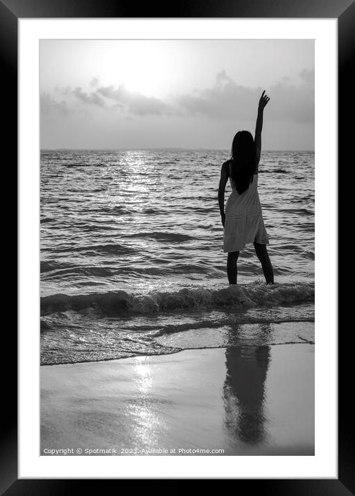 Young Asian woman enjoying ocean sunset on vacation Framed Mounted Print by Spotmatik 