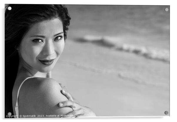 Portrait of smiling Asian woman by ocean waves Acrylic by Spotmatik 