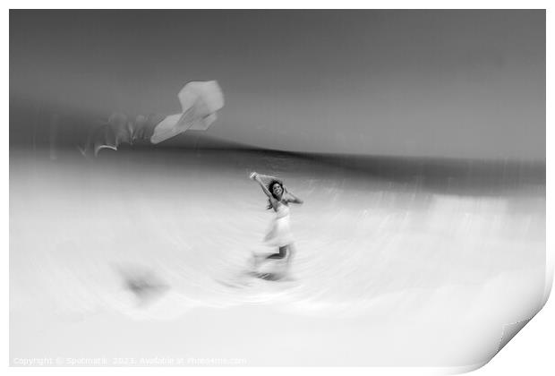 Motion blurred young woman flying kite on beach Print by Spotmatik 
