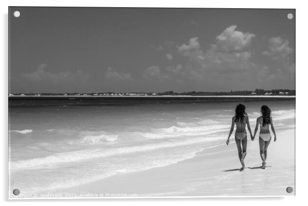Tropical beach resort with girls walking by ocean Acrylic by Spotmatik 