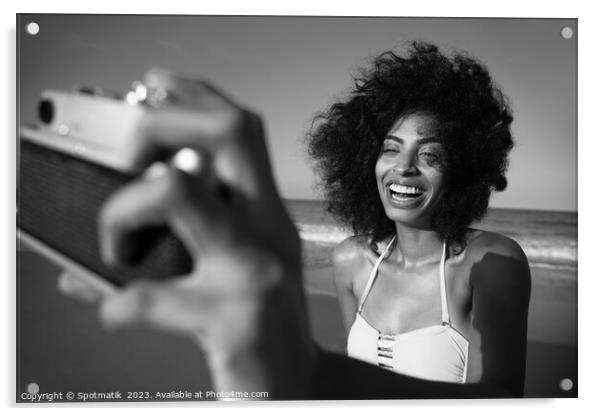 Laughing African American girl taking selfie on beach Acrylic by Spotmatik 