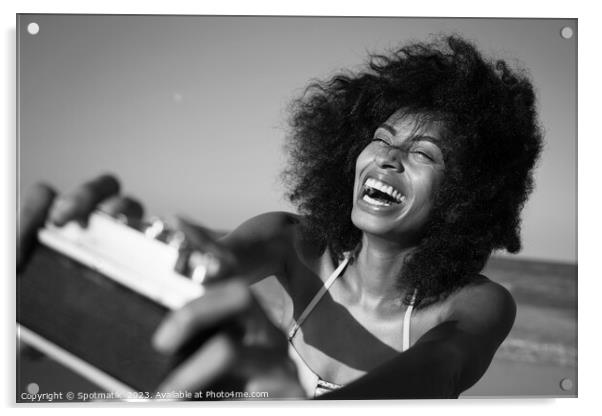 Afro girl laughing at camera taking fun selfie Acrylic by Spotmatik 