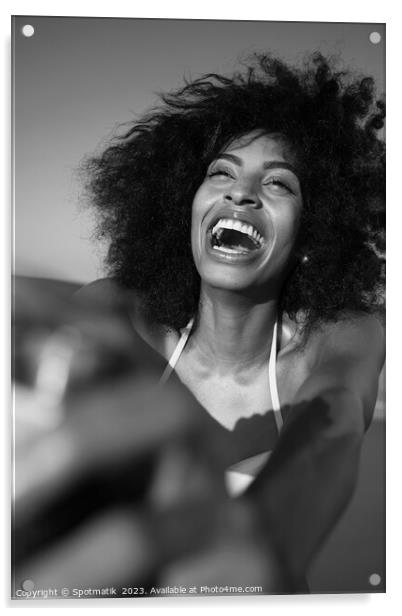 Laughing African American woman taking selfie on beach Acrylic by Spotmatik 