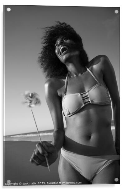 Young African American female having fun on beach Acrylic by Spotmatik 