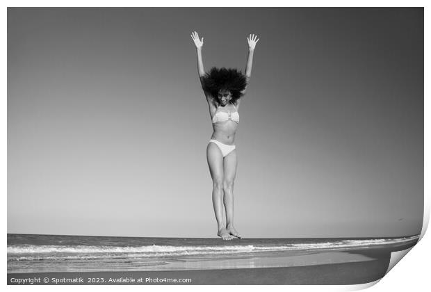 Afro American woman in swimwear jumping for joy Print by Spotmatik 