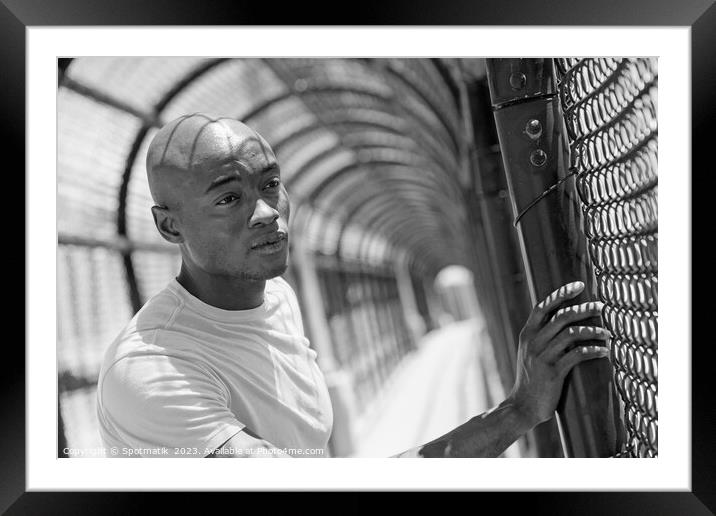 African American male looking though fence after exercising Framed Mounted Print by Spotmatik 