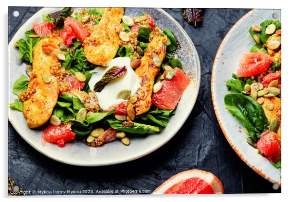 Fresh salad with chicken breast, herbs and fruits Acrylic by Mykola Lunov Mykola