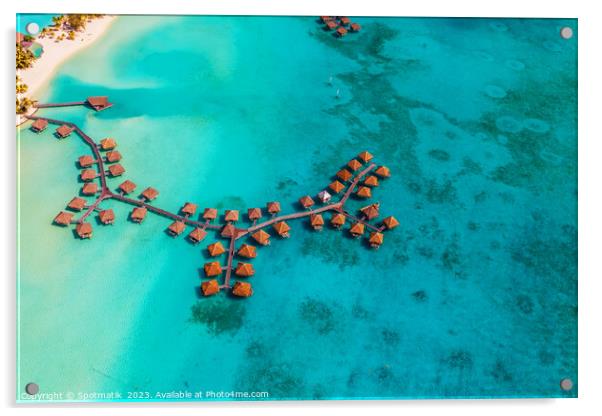 Aerial luxury overwater bungalow resort Bora Bora lagoon  Acrylic by Spotmatik 