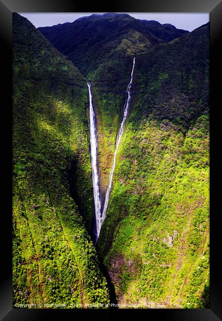 Aerial Molokai valley waterfalls a volcanic Pacific ocean  Framed Print by Spotmatik 
