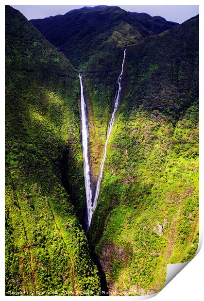 Aerial Molokai valley waterfalls a volcanic Pacific ocean  Print by Spotmatik 