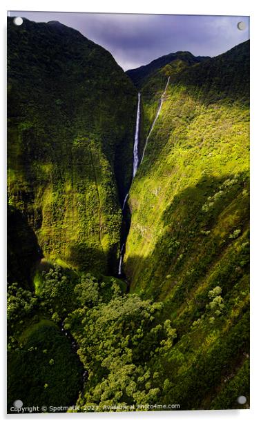 Aerial Molokai valley waterfalls a volcanic Pacific ocean  Acrylic by Spotmatik 